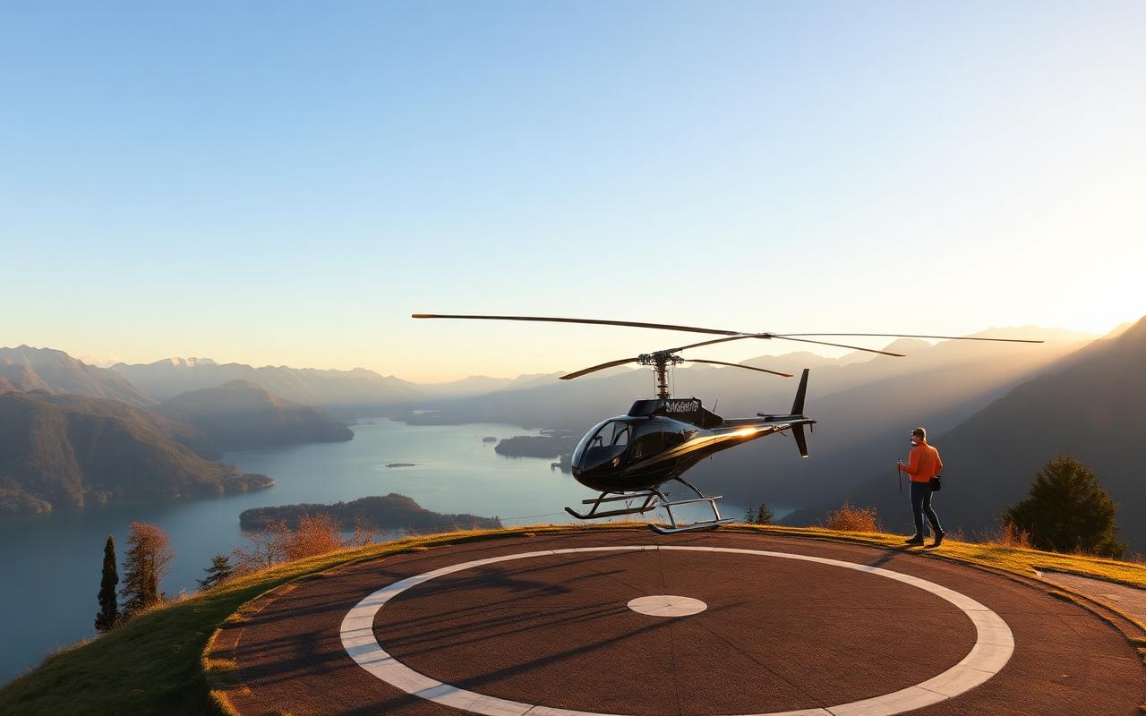 Private helicopter flying over Lake Como